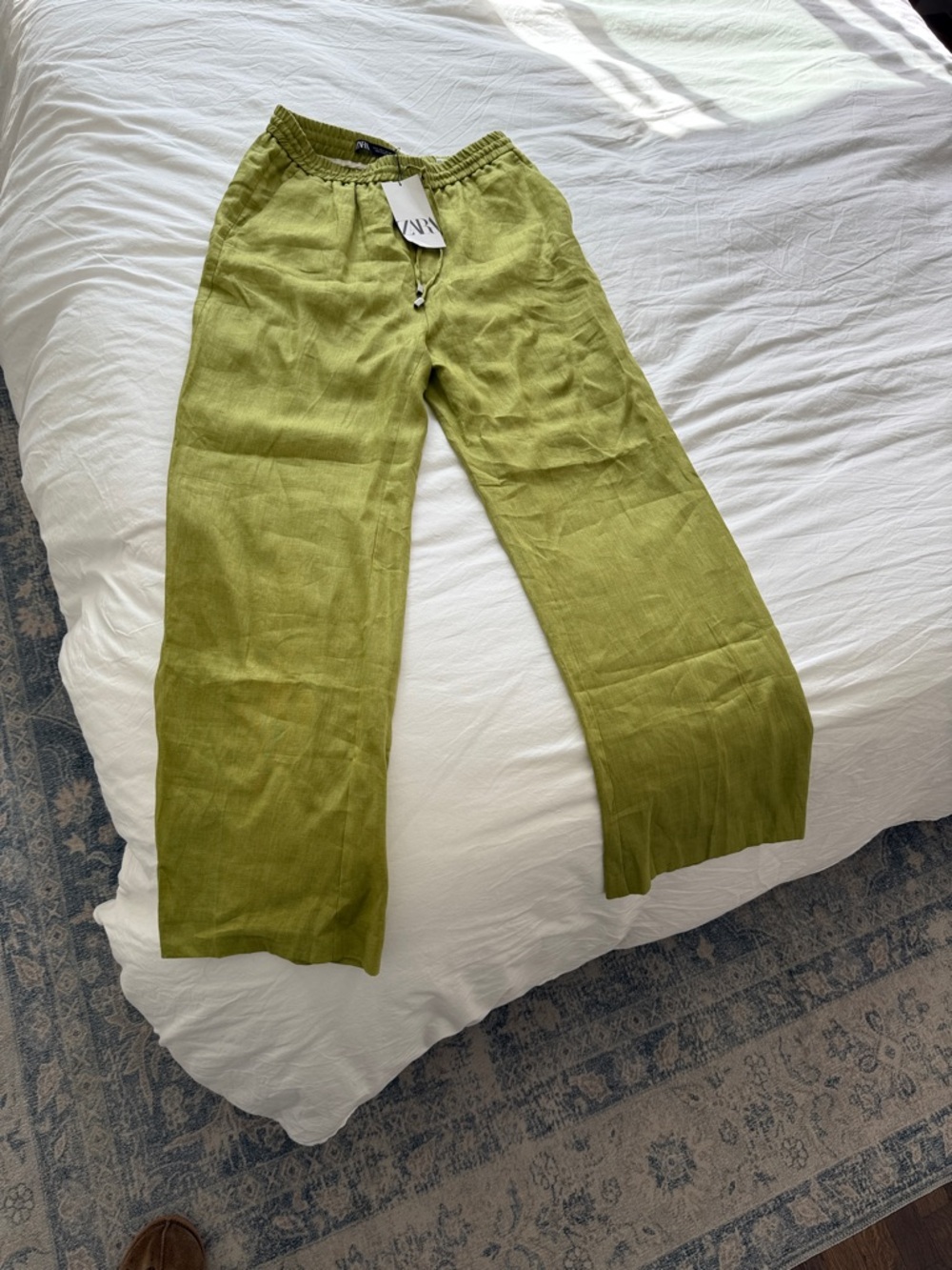 Zara Olive Green Linen Drawstring Waist Pants